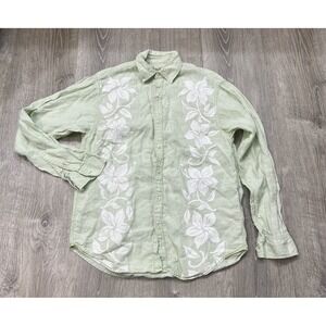 Caribbean Shirt Men M Green White Floral Button Up Linen Collared Long Sleeve